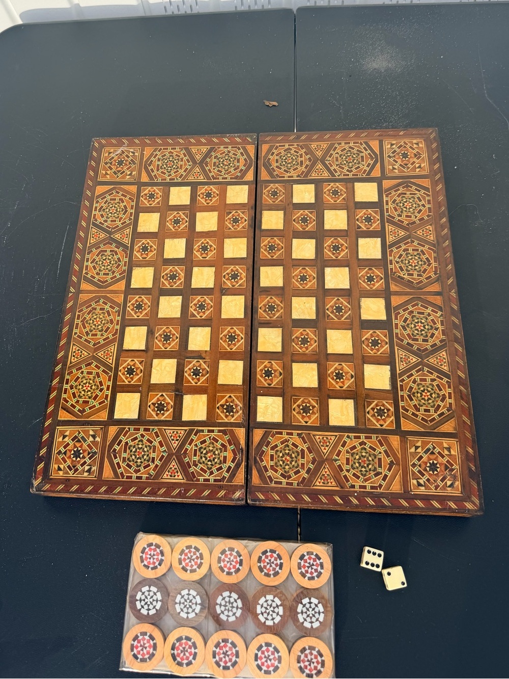 Vintage Handmade Syrian Mosaic Wood Backgammon & Checkers Board Set
